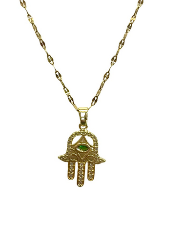 Green Rhinestone Hamsa Hand Necklace
