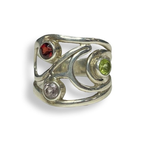 Garnet, Amethyst, Prehnite Trio Freeform Stack Sterling Silver Ring