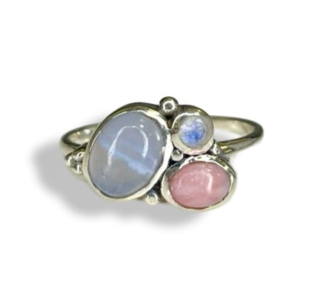 Blue Lace Agate, Pink Opal, Moonstone Trio Sterling Silver Ring