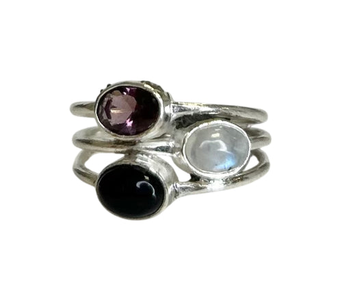 Black Onyx, Moonstone, Amethyst Trio Sterling Silver Ring