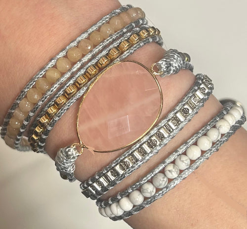 Rose Quartz Grey Wrap Bracelet