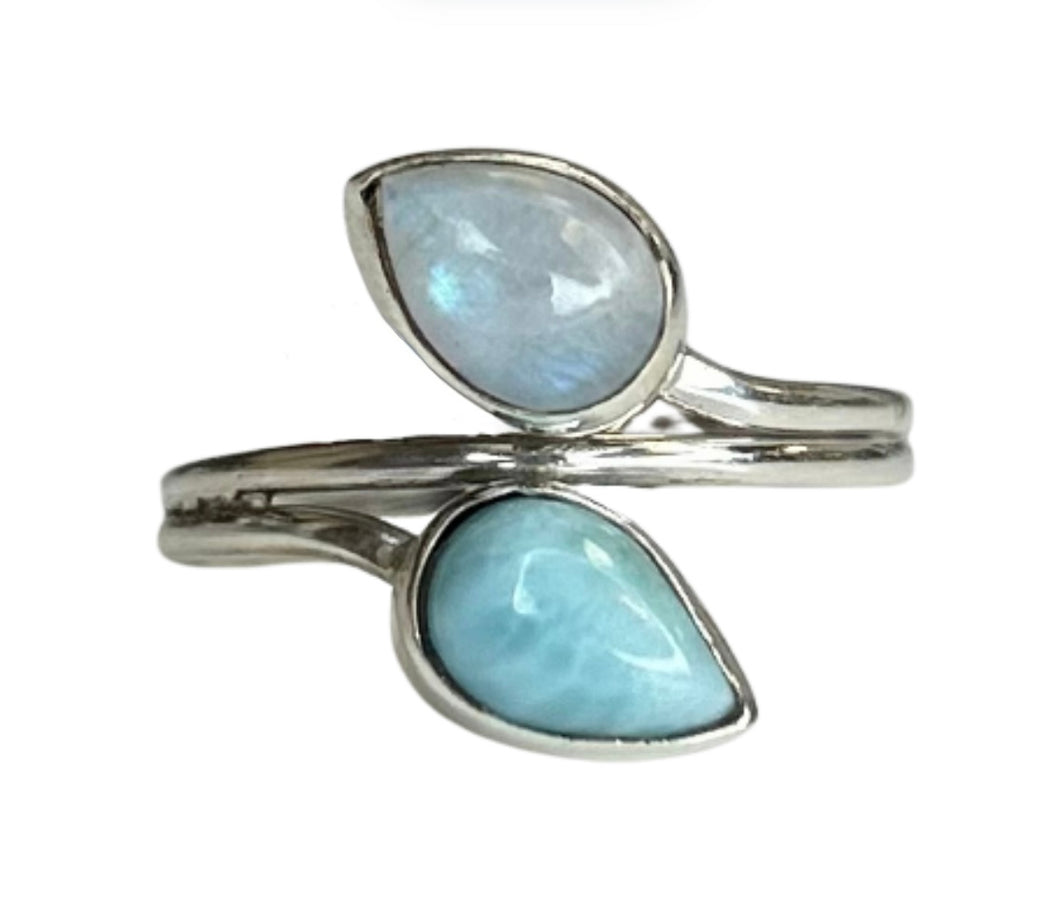 Leaf Moonstone & Larimar Sterling Silver Ring