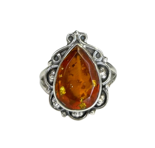 Remi Amber Sterling Silver Detailed Teardrop Ring