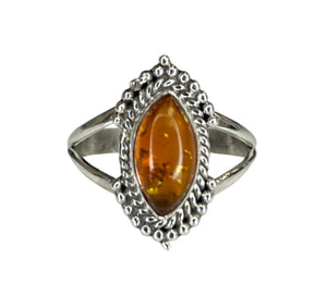 Ivy Amber Sterling Silver Detailed Marquise Ring