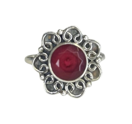Red Onyx Sterling Silver Flower Ring